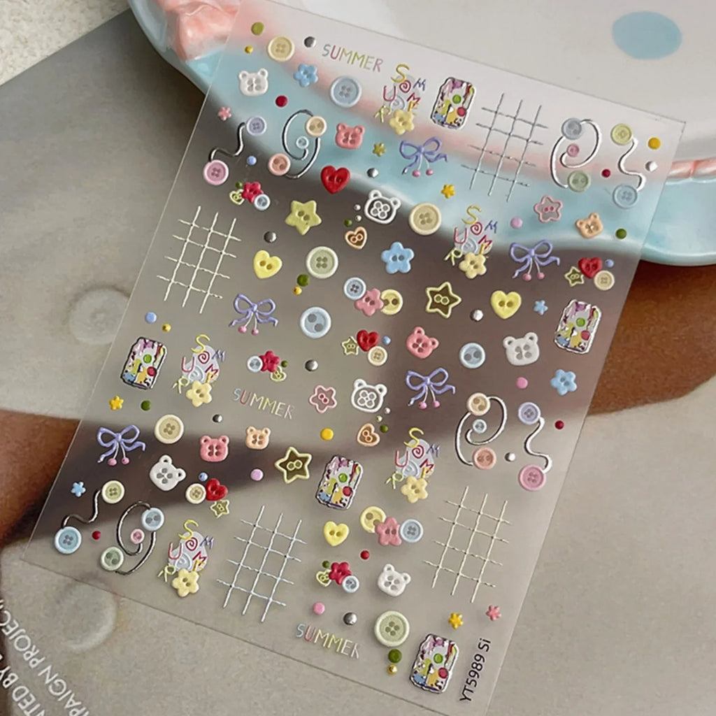 SUMMER Cute 5D Nail Art Sticker Color Button Bear Head Heart Star Bow Plaid Line Childlike Style Self Adhesive Decals Sweet DIY