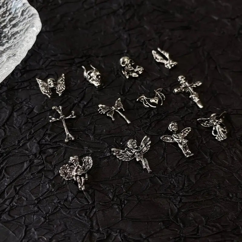 10pcs Gothic Punk Style Nail Art Charms Antique Silver Alloy  Jesus Catholic Cross Accessories Devil Angel Nail Decorations