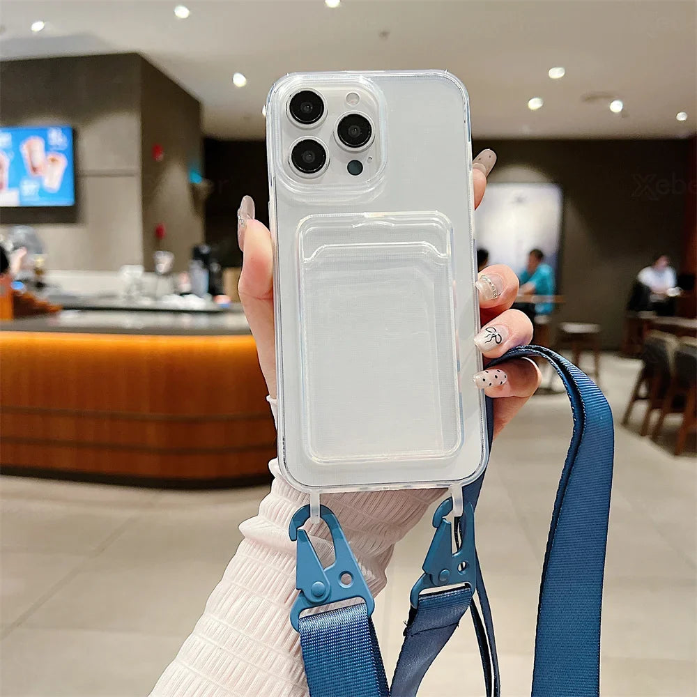 Crossbody Necklace Wide Lanyard Clear Card Holder Wallet Phone Case For iPhone 17 16 14 13 15 Pro Max 12 11 Soft Silicone Cover