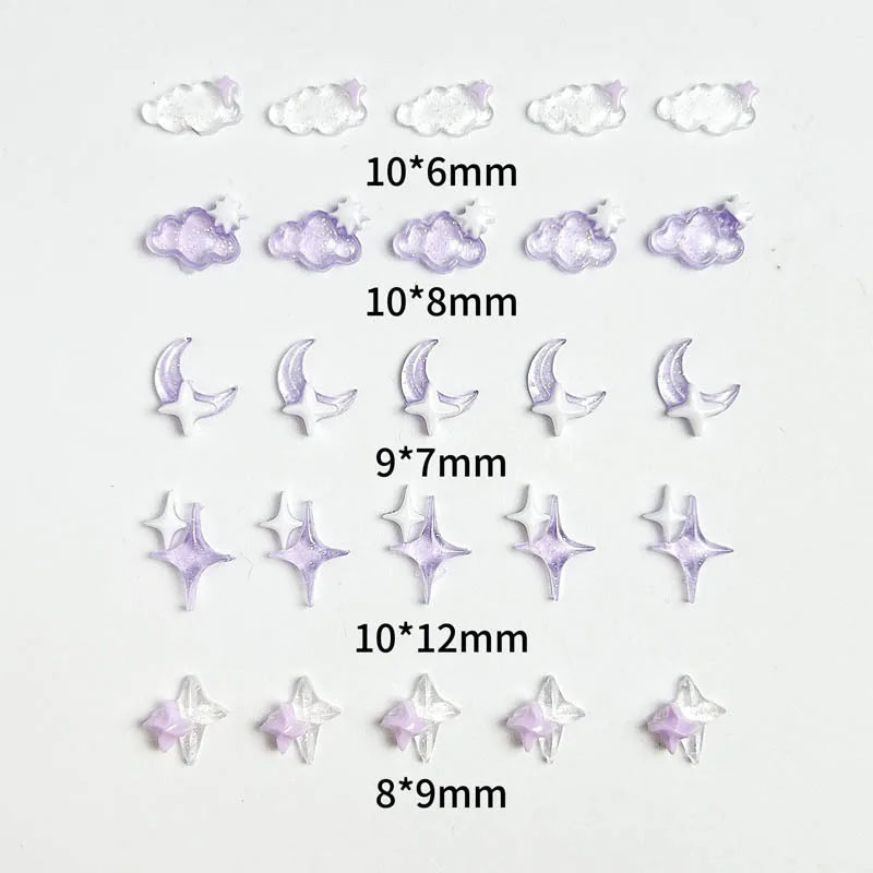 50PCS Transparent Resin Moon Cloud Nail Art Charms with White Purple Sparkling Four-pointed Star Nail Decoration DIY Nail Crafts