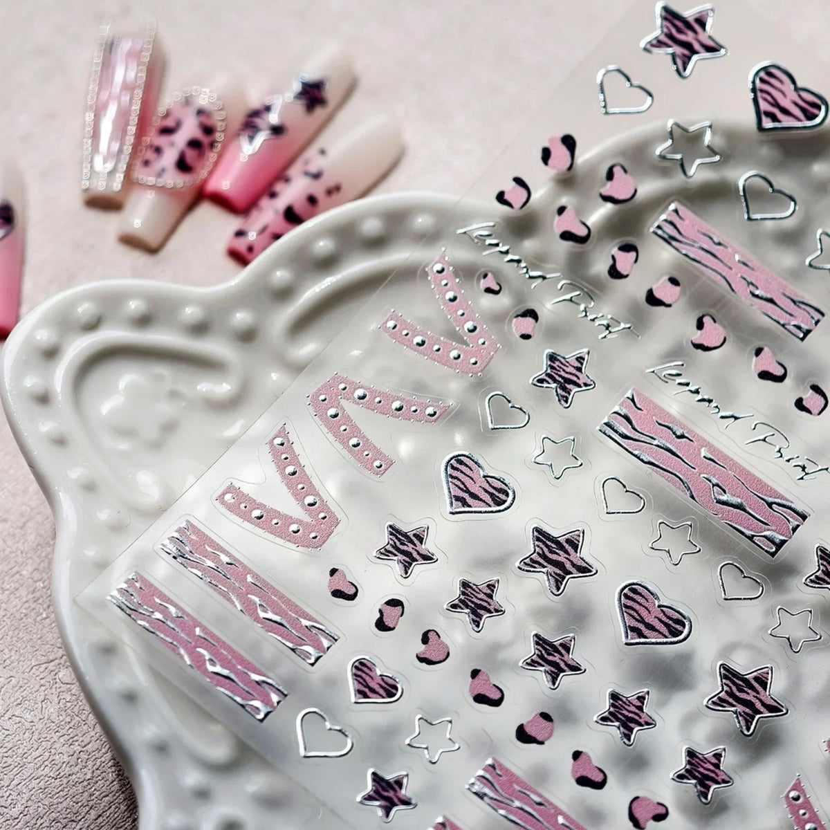 Punk Pink Leopard Print Love Heart Stars Bowknot Cool Girl 5D Self Adhesive Nail Art Stickers Ribbon Manicure Decals Wholesale