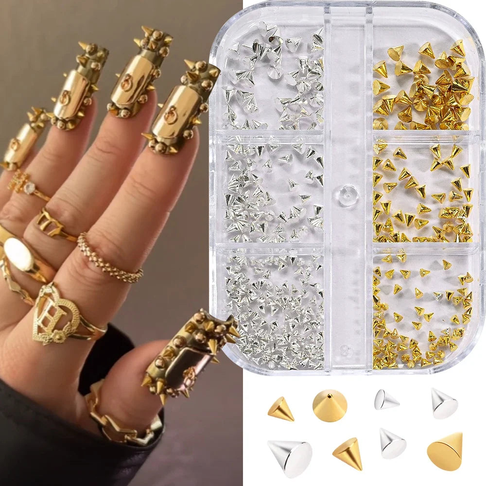 6Grids Halloween Punk Rivets Nail Art Charms Gold/Silver/Black Cone Spike Studs Nails Decorations DIY Cool Manicure Accessories