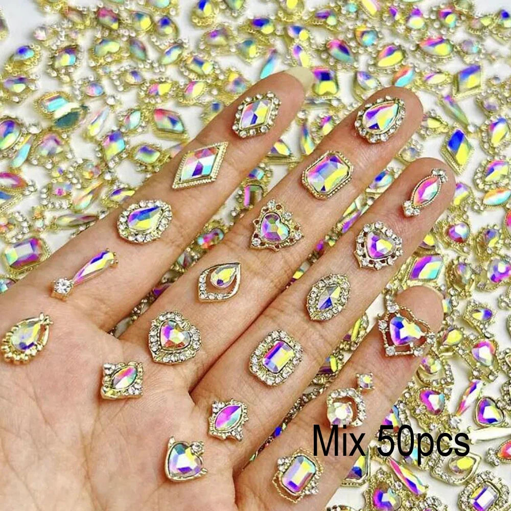 50Pcs 3D Mixed Luxury AB Alloy Nail Art Charms with Heart/Drop/Square/Rhombic Gem Nails Decoration DIY Crafts Manicure Accessory