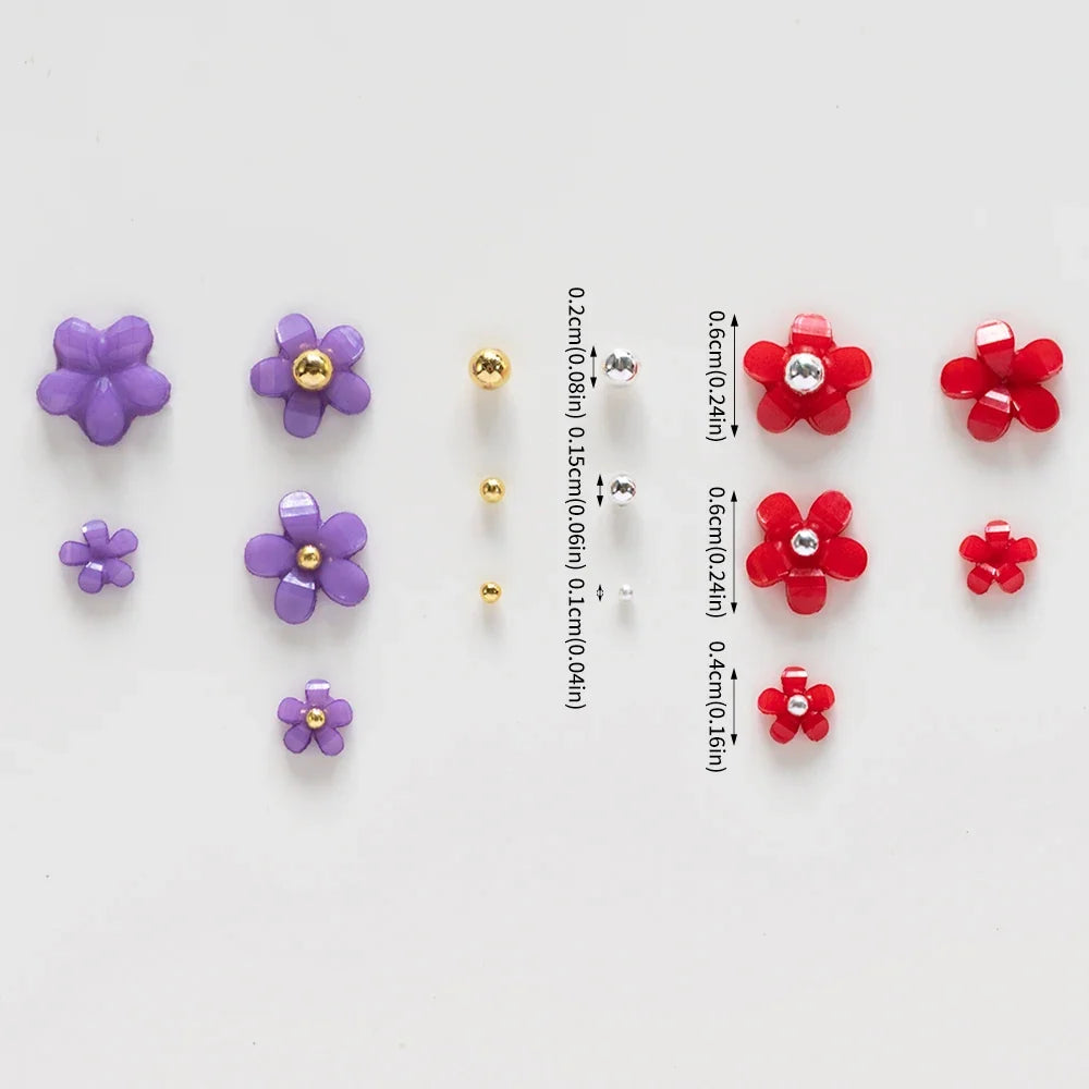12Grids/Box Five-Petal Flower/Steel Beads Nail Art Charms Mixed-Size Flowers Gold/Silver Ball Rhinestones DIY Manicure Diamonds
