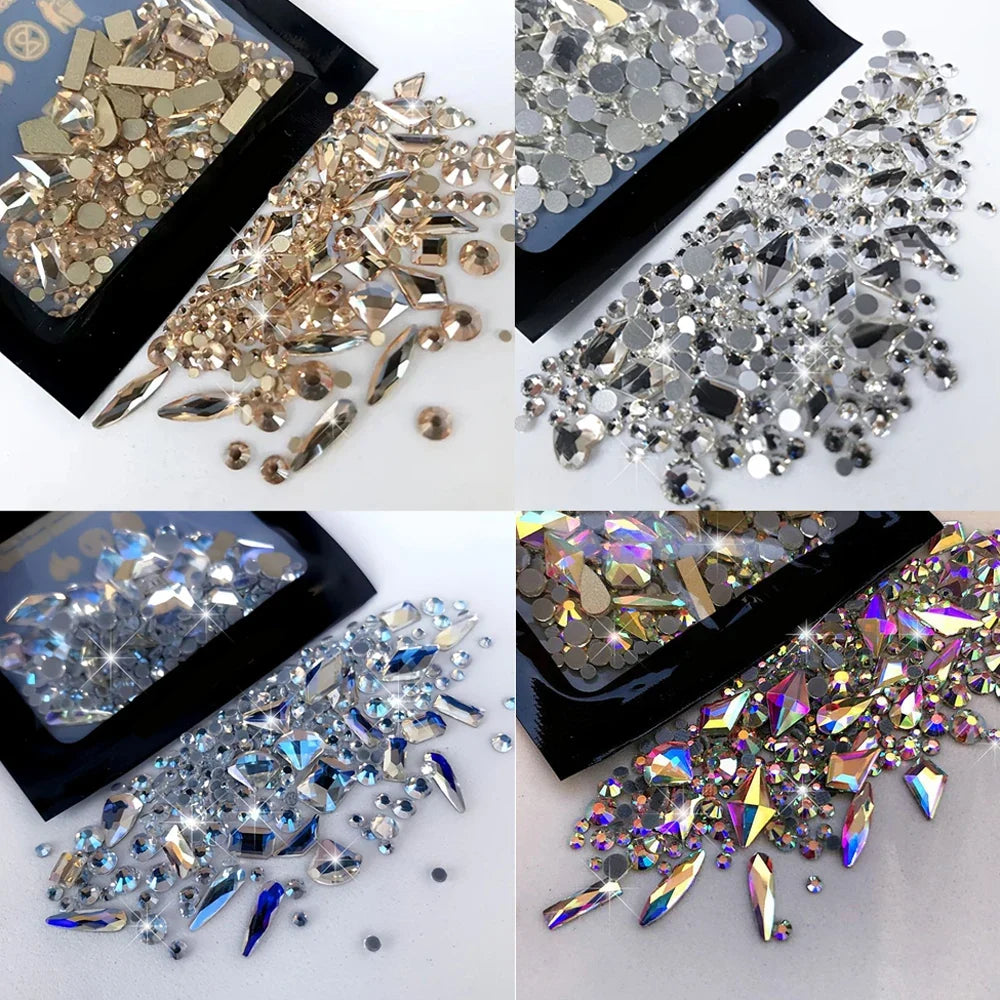 1Bag 3D AB/Clear Mixed-Shaped Round Nail Art Charms Sparkly Flatback Gold/Red Mini Rhinestones Nail Art Decorations Gems Diamond