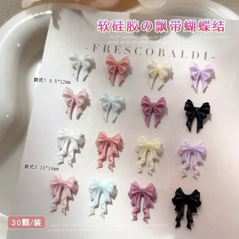 30Pcs Soft Acrylic Ribbon Bow Tie Nail Art Charms Accessories For Manicure Decor Sweet Girl Nails Decoration Supplies Material
