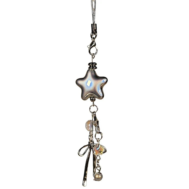 1pcs Cellphone Lanyard Keychain For Phone Style Metal Silver Star Bow Pendant Phone Charm Strap Sweet Cool Girl Pendant