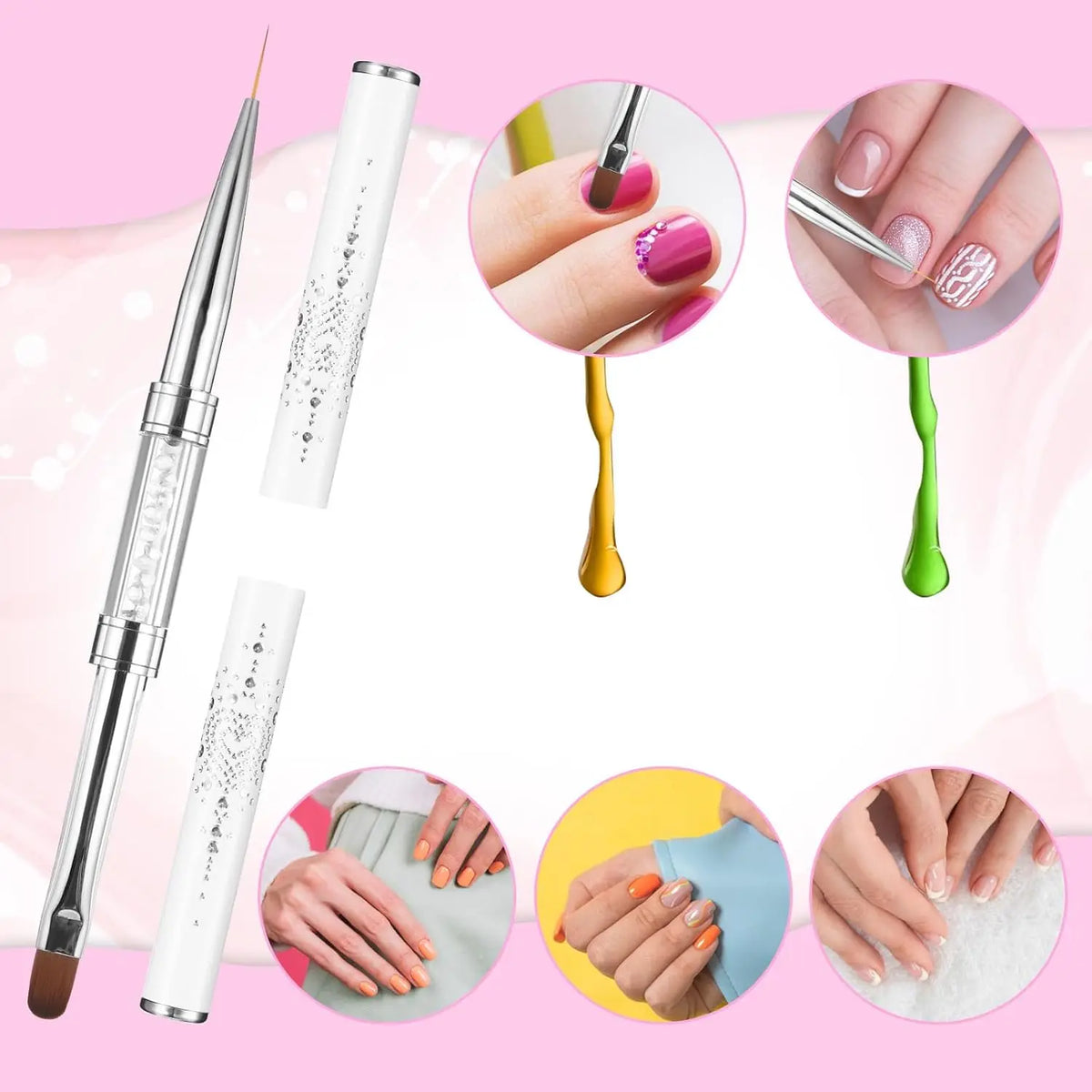 New Double Ended Nail Art Brushes Tip Nail Gel Liner Brush Oval Gel Nail Brushes Rhinestone Handle French for Design Nail Tools