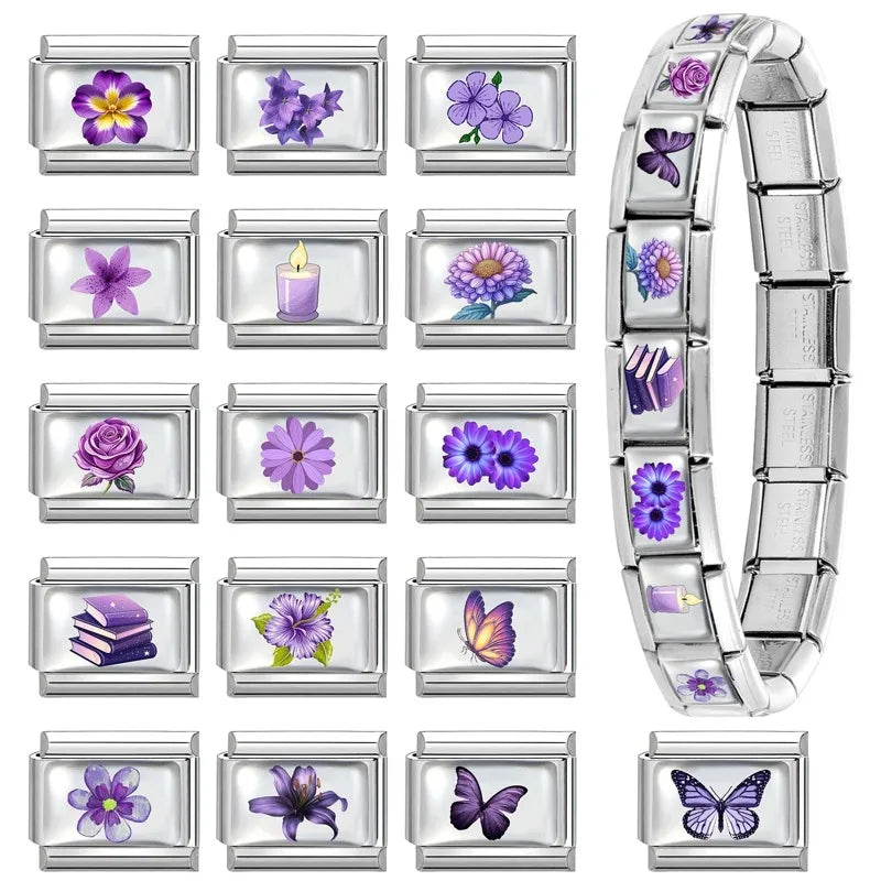 2026 Women's UV Style Purple 3D Flowers Books Candle Italian Charm Link Fit 9mm Stainless Steel Module Bracelet Making Jewelrys