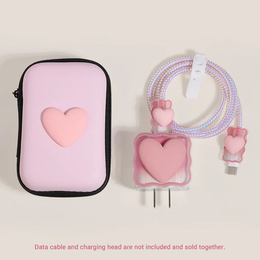 6PCS 3D Love Heart Silicone Charger Cable Protector Case Storage Bag For iPhone 20W 18W Charging Head Protective Cover Organizer