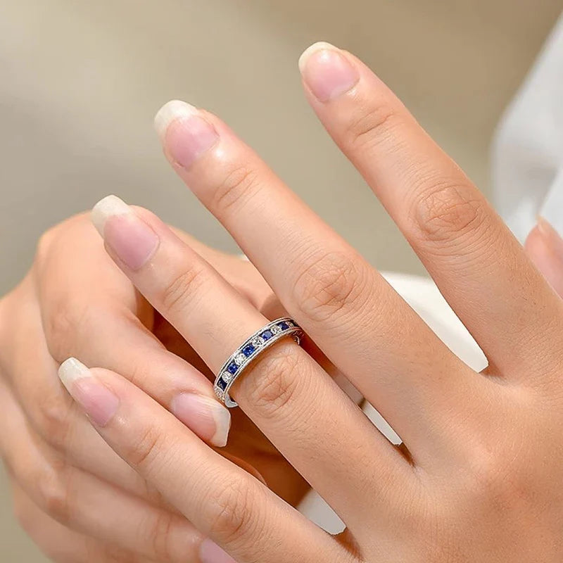 Huitan Luxury Blue/White Cubic Zircon Rings for Women Classic Wedding Engagement Band Accessories Silver Color Eternity Jewelry