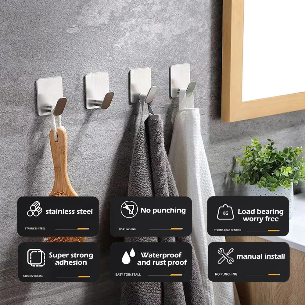 4pc/2pc Bathroom Clothes Hooks Adhesive Wall Hooks Stainless Steel Towel Racks Bathroom Kitchen Hardware Multi-Purpose Hooks