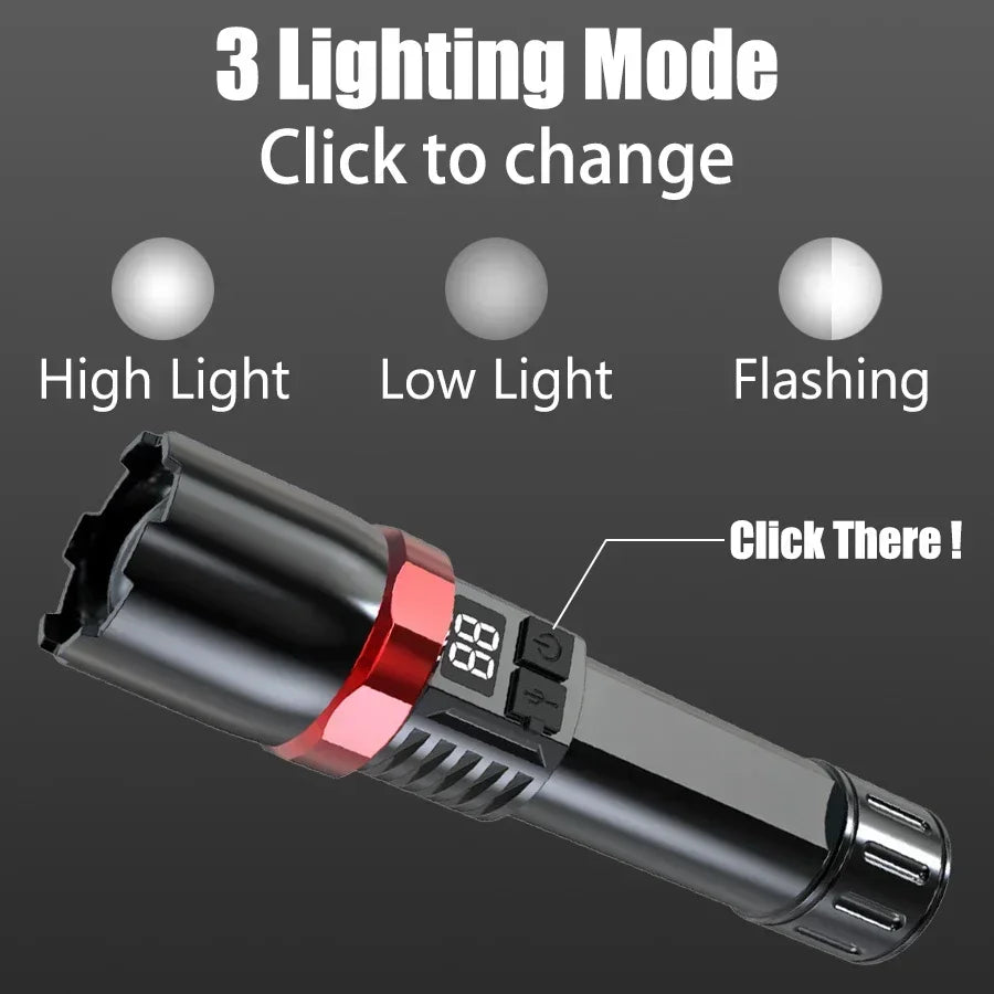 Super Bright LED Flashlight USB Rechargeable Flashlights with Tactical Zoom High Power Spotlight Outdoor Camping Fishing Torch