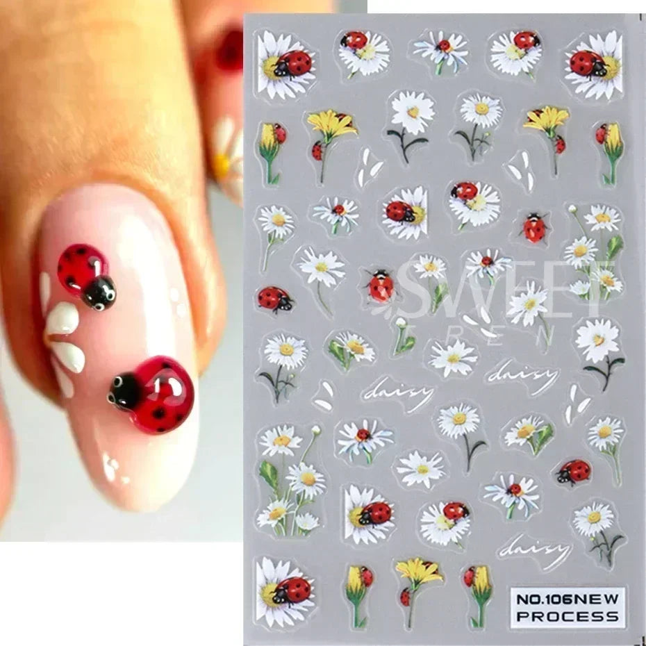5D Daisy Flower Nail Stickers Cute Bee Blossom Petal Insect Self Adhesive Manicure Decal DIY Spring Summer Nail Art Decoration