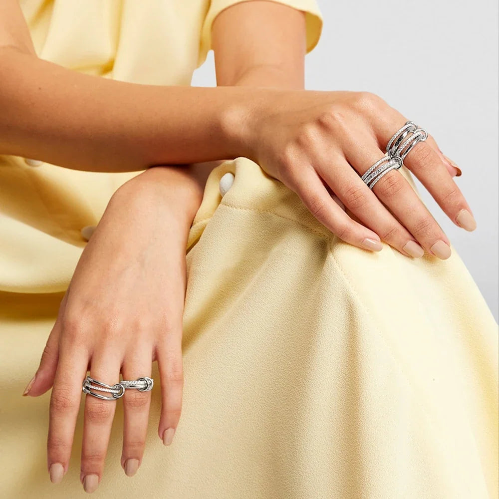 Gothic Multi-layer Metal Two-tone Stacking Rings for Women PVD Waterproof Stainless Steel CZ Zircon Finger Ring Designer Jewelry