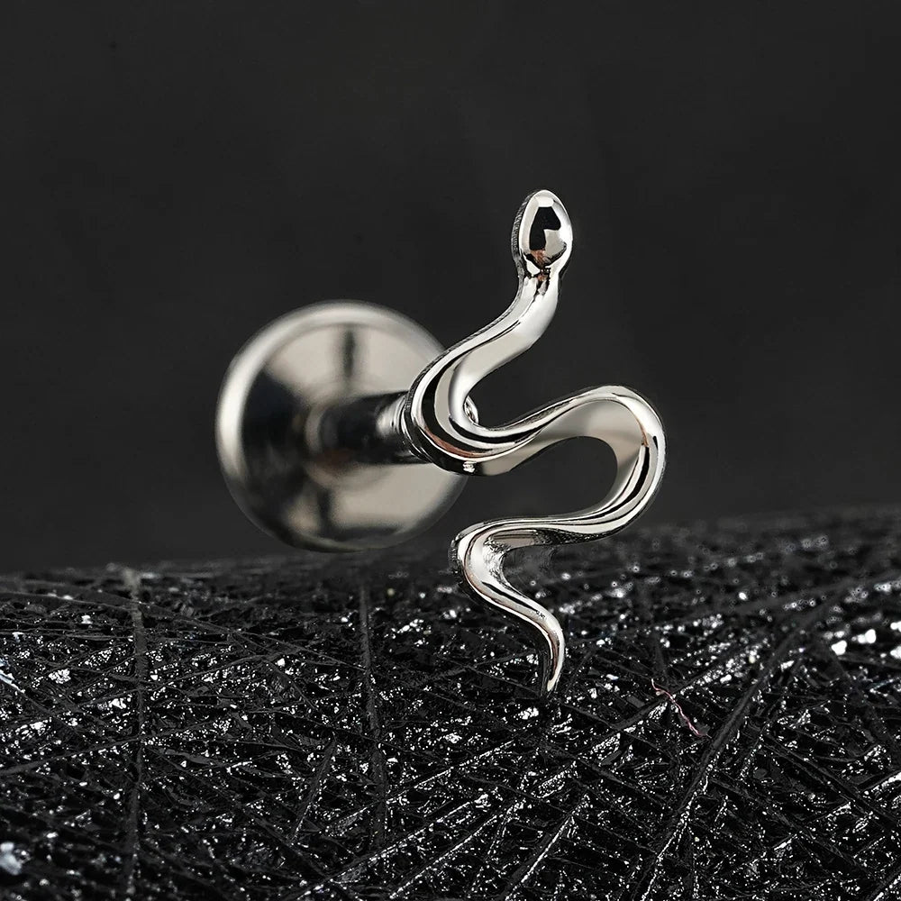 Right Grand ASTM F136 Titanium Mini Snake Cartilage Earring 16G Tiny Serpent Flat Back Labret Helix Tragus Stud Piercing Jewelry