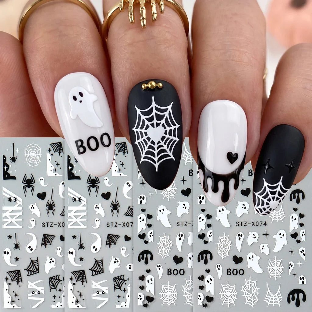4pcs Black White Ghosts Halloween Nail Decals Cute Gothic Style Cartoon Ghosts Spider Webs Nail Decals DIY Manicure Decorations