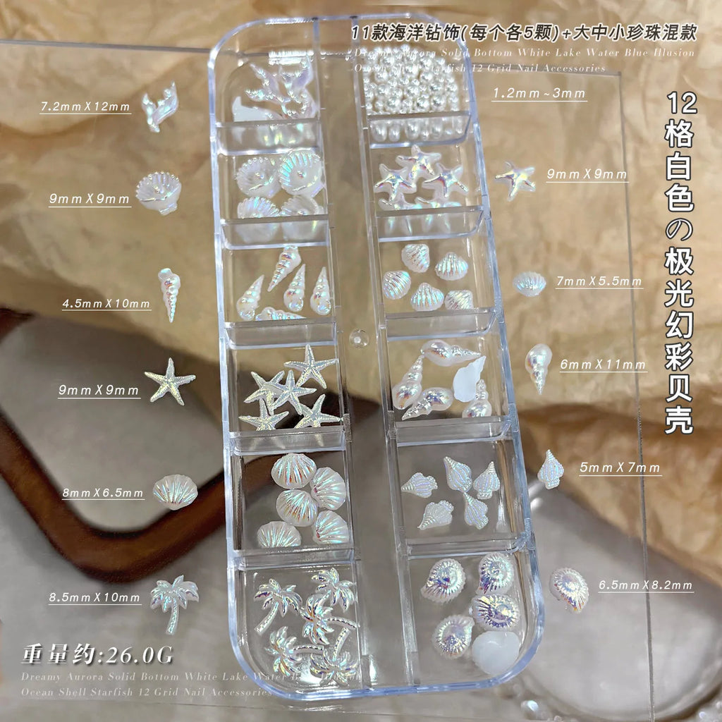 12 Grids Aurora AB White Blue Starfish Shell Conch Coconut Tree Pearl Nail Rhinestones Decorations Manicure Ocean Life Charms