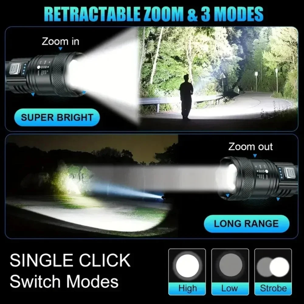 Super Bright LED Flashlight USB Rechargeable Torch Zoomable Waterproof Torch Outdoor Portable Emergency Light for Camping Hiking