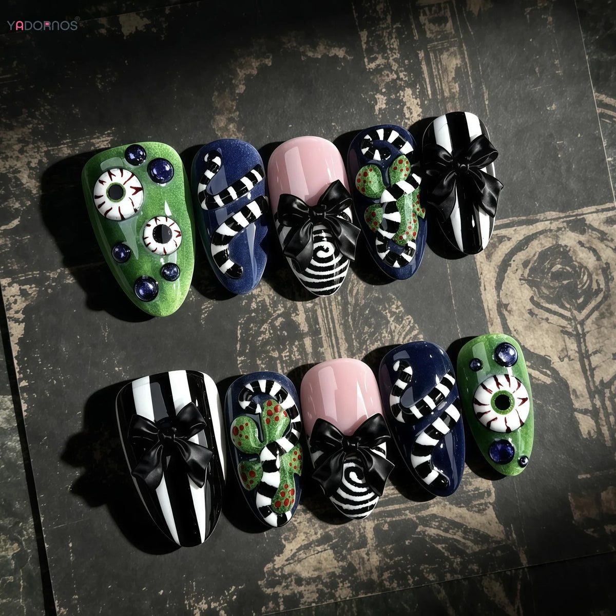 30pcs 3D Spooky Eyeballs Press On Nails Halloween Theme Horror Almond False Nails With Bows Black White Stripes Decor Fake Nail
