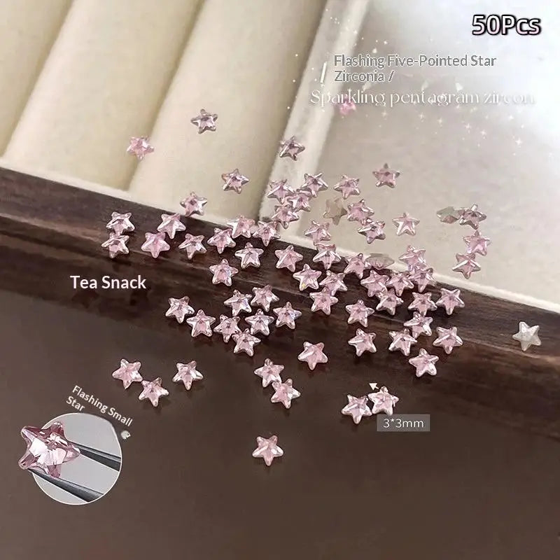 50Pcs Star Zircon Nail Rhinestones Sparkle 3D Nail Rivets Flat Bottom Nail Art Charms DIY Manicure Decoration Parts