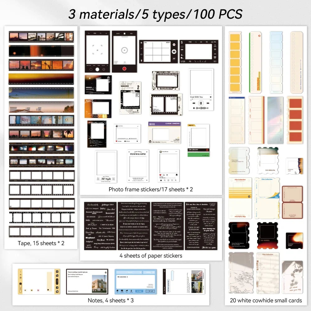 100 Pcs/Pack Vintage Movie Film Cards Notes And Stickers Set Pack For Scrapbook Kit Film Strip Photo Frame Journaling Supplies