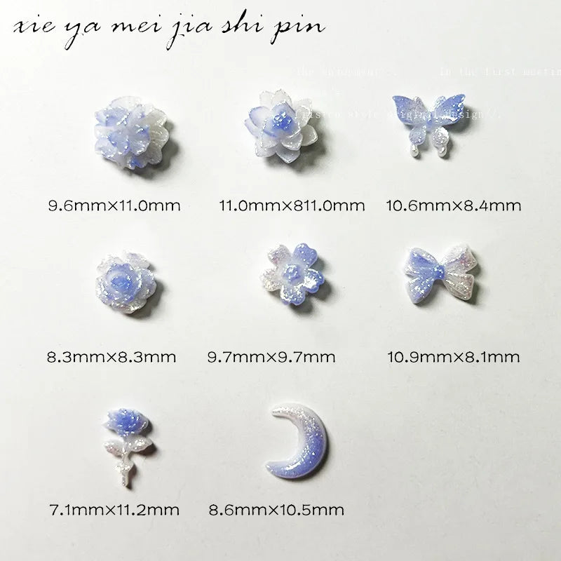 20pcs Kawaii Blue Gradient Resin Nail Art Charms Japanese Flower Butterfly Nail Decorations DIY Acrylic Rhinestones Accessories