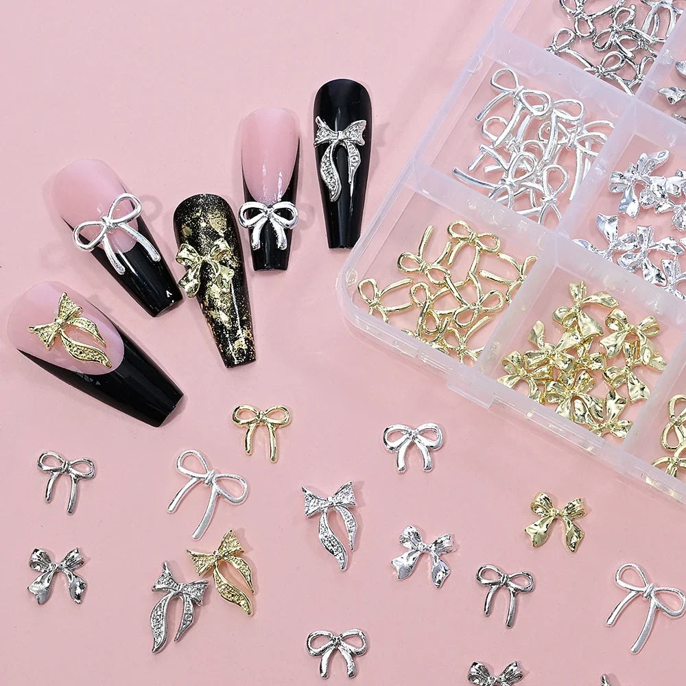 96/50Pcs 3D Bowknot/Ribbon Metal Nail Art Charms Sliver/Gold Alloy Bows Nails Rhinestones Decor Luxury DIY Manicure Accessories