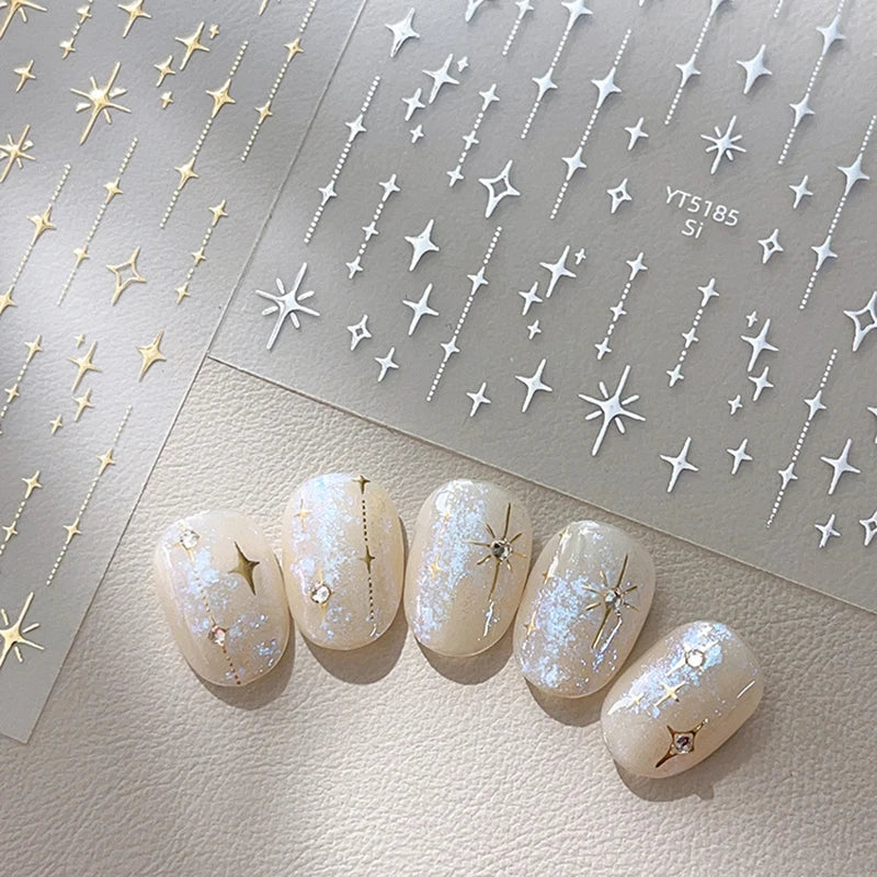Gold Silver Stamped Starlight Laser Glitter Star Bronzing Rhinestones Relief Nail Art Decorations Stickers Manicure Decals