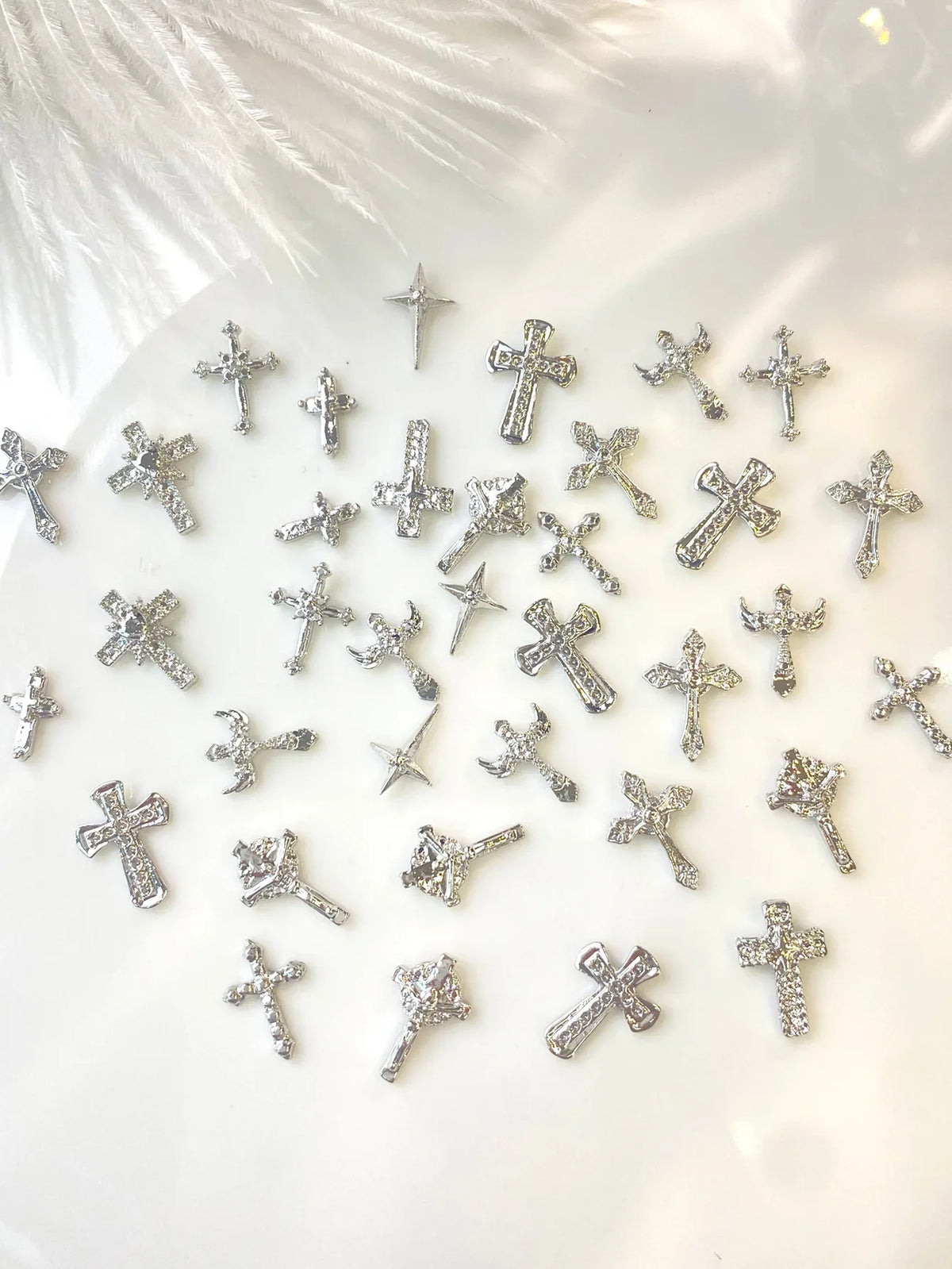 50pcs Punk Mix Shape Silver Cross Nail Art Charms INS 3D Cross with Wing Heart Nail Decoration Accessories DIY Design