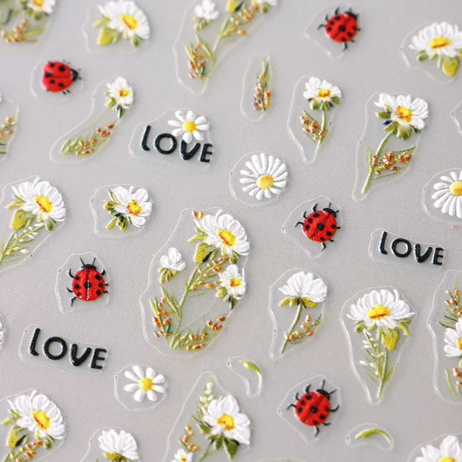 2pcs 5D Embossed Spring Daisy Nails Decals Cute Bee Ladybug Nail Stickers Blossom Petals Adhesive Charms Manicure Slider Decor