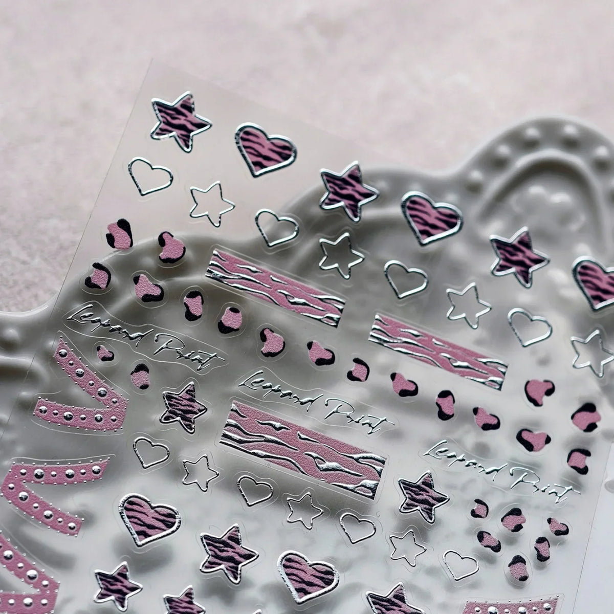 Punk Pink Leopard Print Love Heart Stars Bowknot Cool Girl 5D Self Adhesive Nail Art Stickers Ribbon Manicure Decals Wholesale