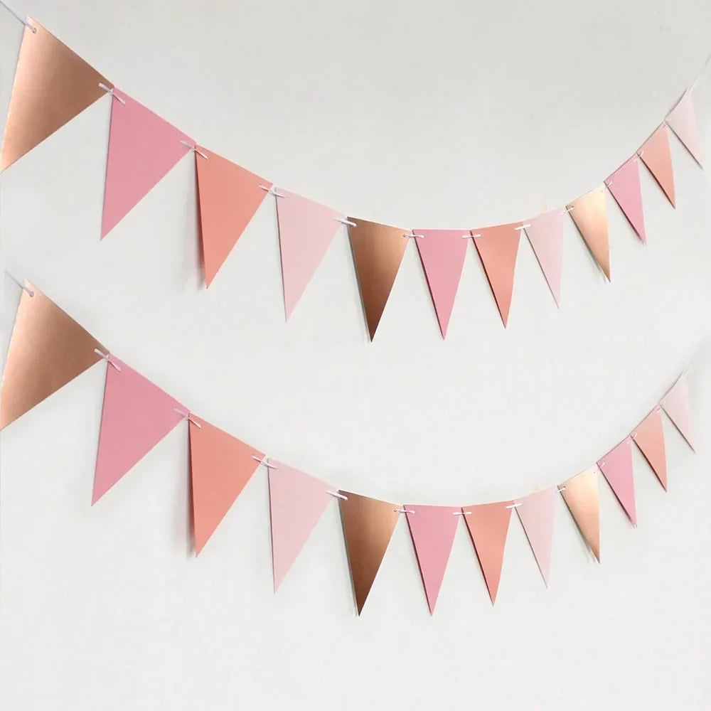 Rose Gold Triangle Paper Pennant Garland, Wedding, Birthday, Anniversary, Bridal Shower, Indoor & Outdoor Garden Party Decor