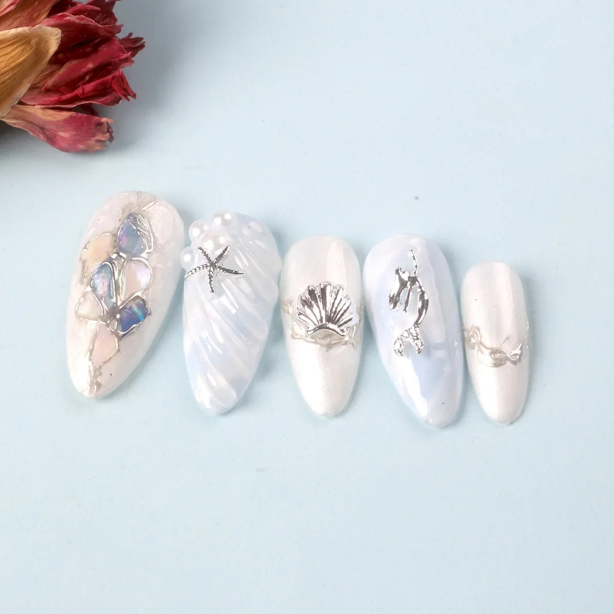TSZS 50pcs/bag Ocean Starfish Shell Nail Art Charms Silver Beach Starfish Sea Seashell Nail Decoration Metal 3D Charms for Nail