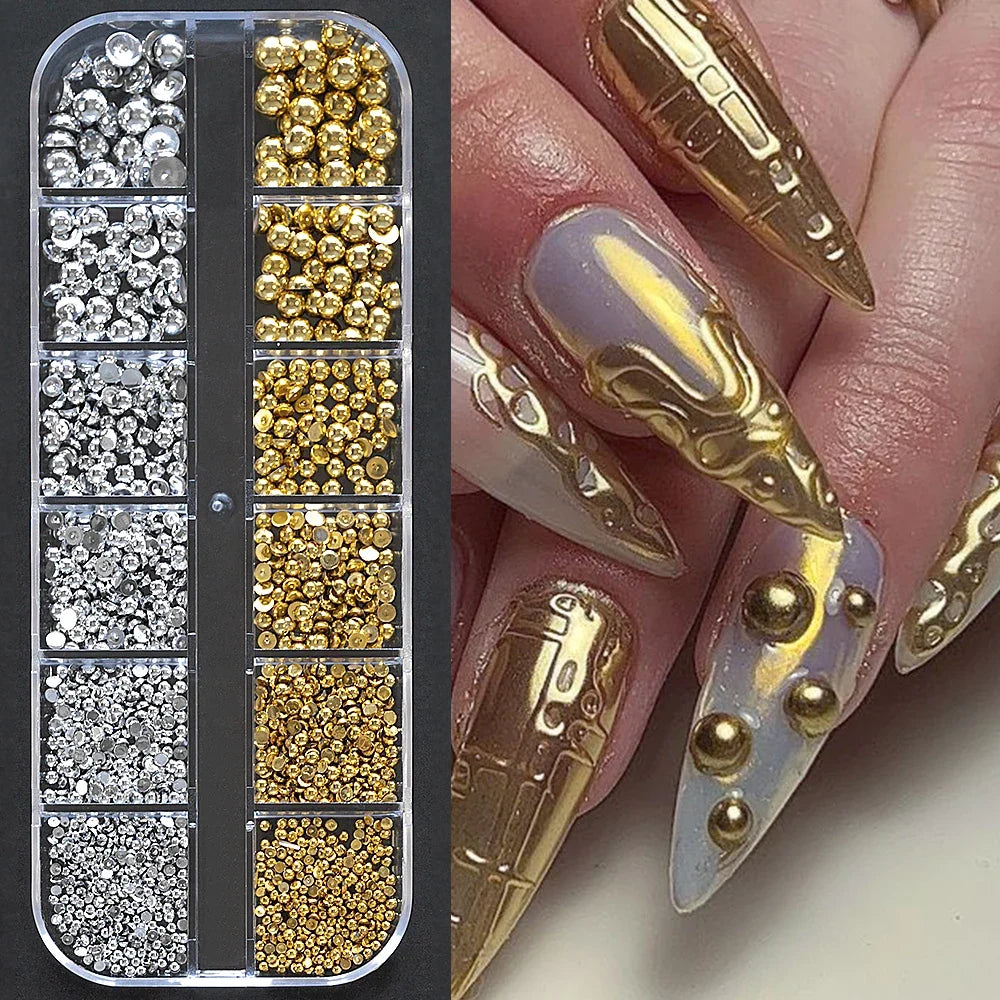 12Grids Gold/Sliver Half Round Beads Nail Art Charms 6-Sizes Flatback Caviar Bead Christmas Diamond DIY Sparkly Manicure Gems #*