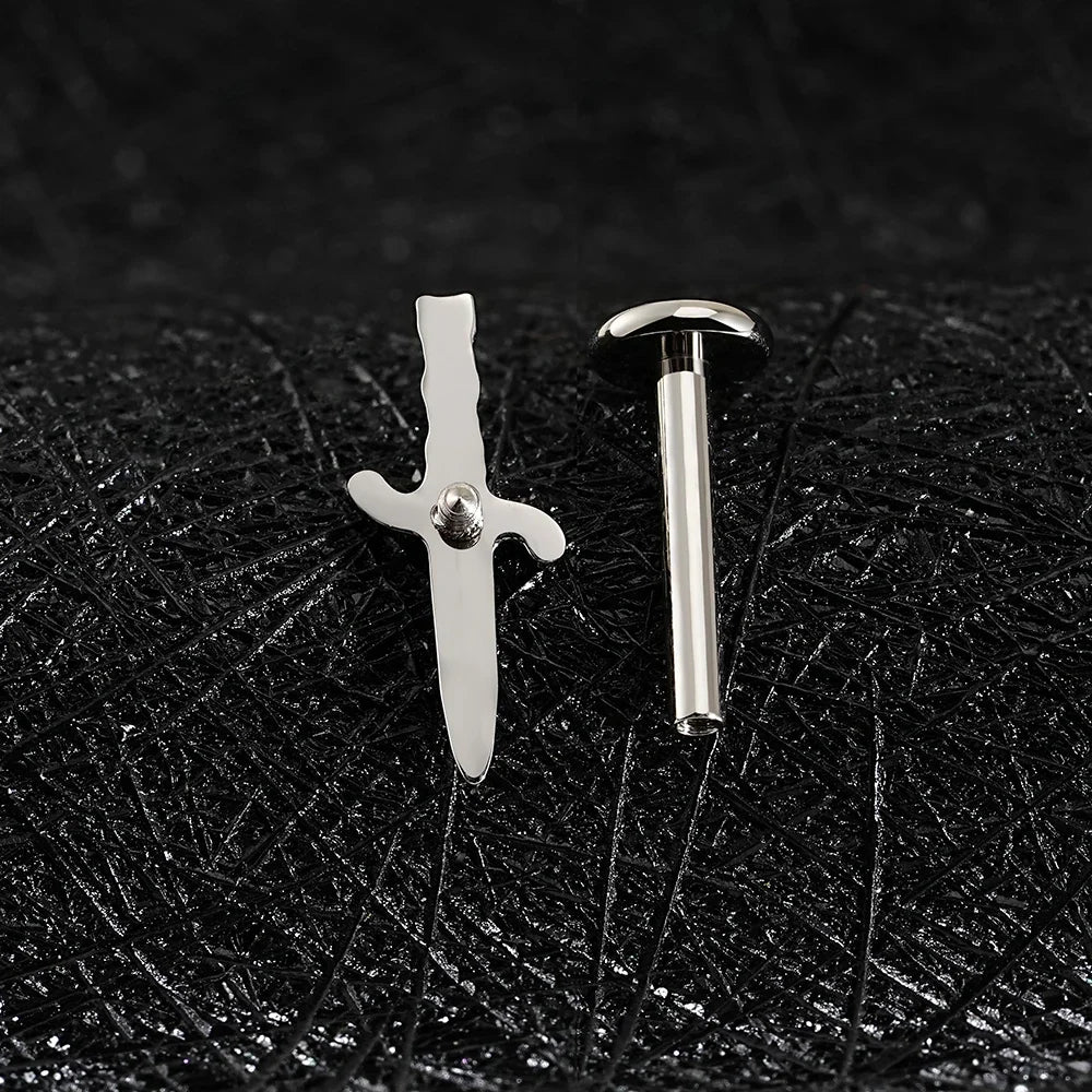 Right Grand ASTM F136 Titanium Cubic Zirconia Sword Flat Back Stud Earring 16G Tiny Poniard Helix Tragus Cartilage Lip Piercing