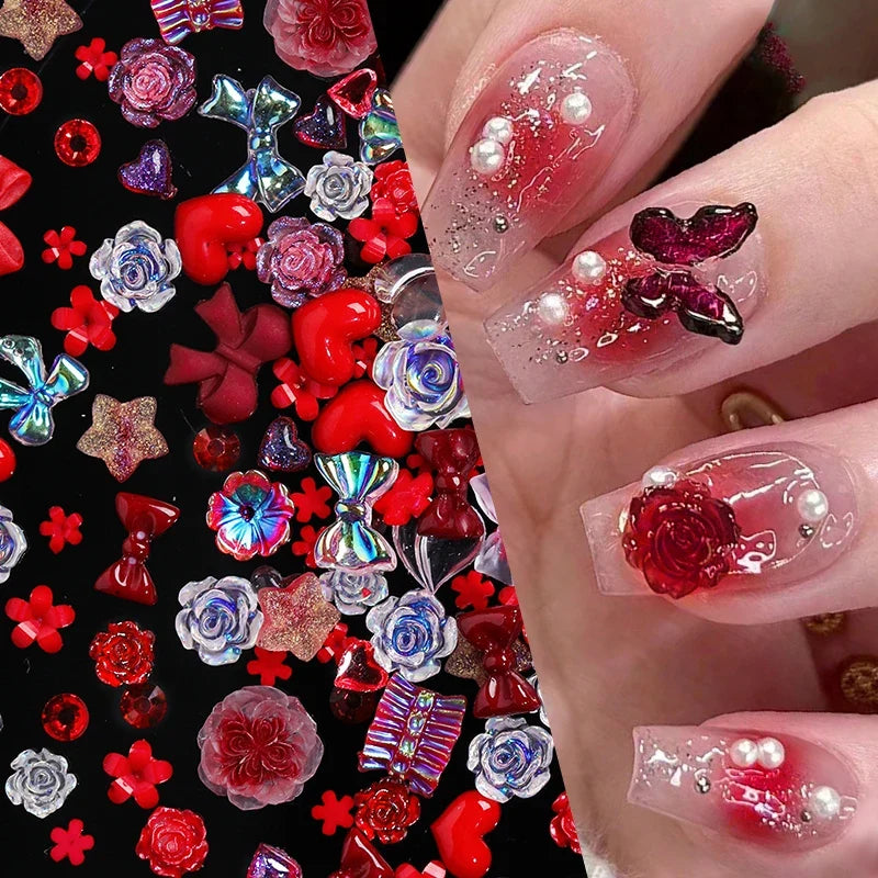 50Pcs Pearl Pink Bowknot Heart Shaped Mixed Nail Decorations Kawaii Nail Art Charms Star Butterfly DIY Nail Accessories