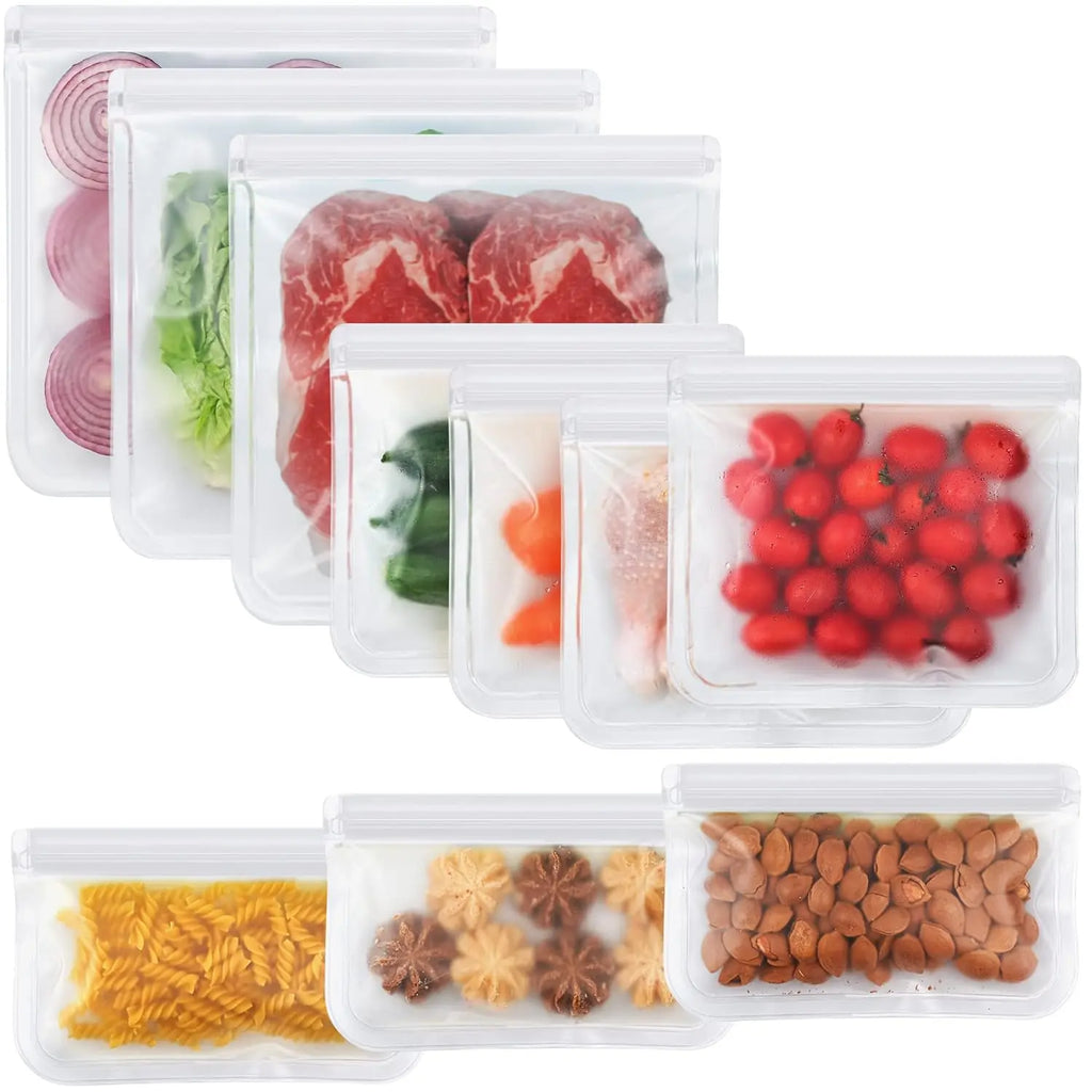 10 Packs Dishwasher Safe Reusable Bags, Leakproof, BPA Free, Reusable Food Storage Bags for Lunch, Marinate, Freeze, Travel