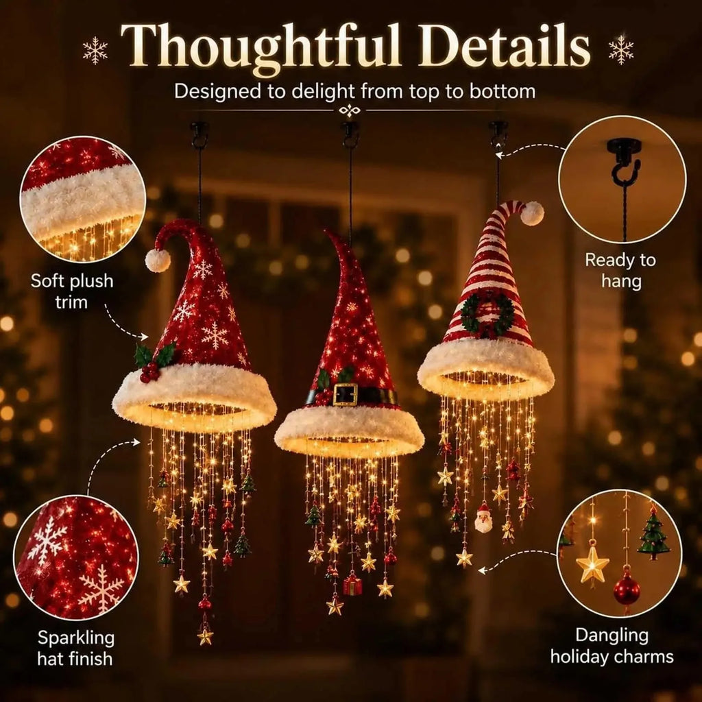 DIY Lighted Santa Hat Chandelier - Warm LED Glowing Christmas Ornaments Hanging Chandelier 5 Styles for Festive Decor