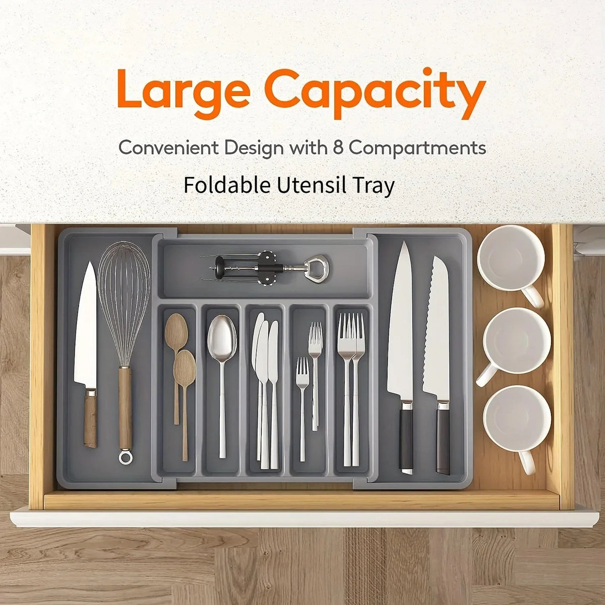UpgradedAdjustable Cutlery Drawer Organizer Plastic Divided Storage Tray Space Saving Holder for Kitchen Knives Spoons Tableware