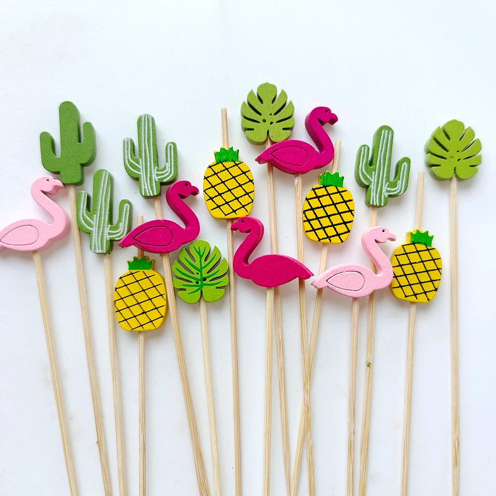 100/50Pcs Hawaii Party Cocktail Sticks Bamboo Skewers for Salad Dessert Disposable Forks Buffet Fruit Birthday Party Wedding