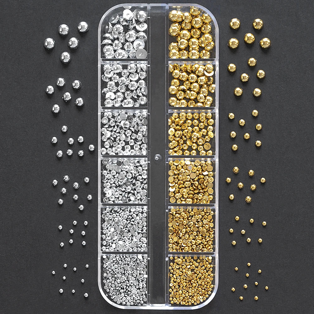 12Grids Gold/Sliver Half Round Beads Nail Art Charms 6-Sizes Flatback Caviar Bead Christmas Diamond DIY Sparkly Manicure Gems #*