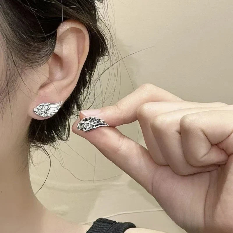 Luxury Zircon Wing Earrings Stud Fashion Women Shiny Crystal Creative Angel Wings Cross Punk Silver Color Ear Studs Jewelry Gift