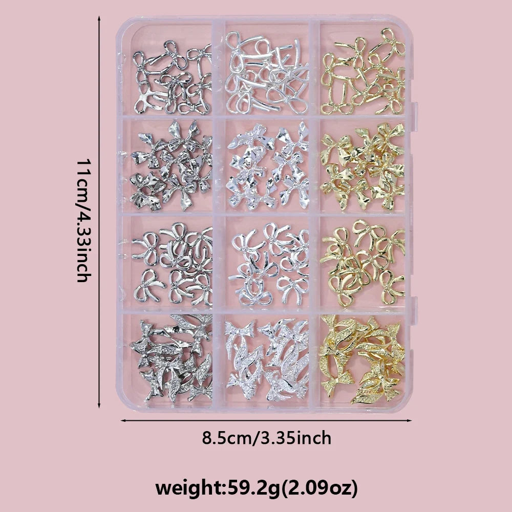 96/50Pcs 3D Bowknot/Ribbon Metal Nail Art Charms Sliver/Gold Alloy Bows Nails Rhinestones Decor Luxury DIY Manicure Accessories
