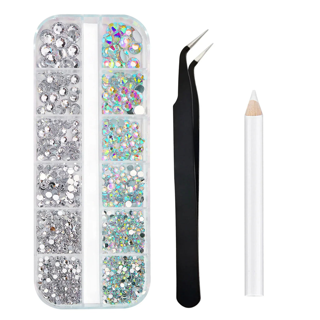 Boxed 3D Flat Back Nail Rhinestones Nail Gems Glass AB & Clear Crystal Rhinestones Kit Nail Art Charms DIY Manicure Accessories
